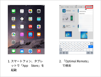 1.スマートフォン、タブレットで「App Store」を起動 2.「Optimal Remote」で検索